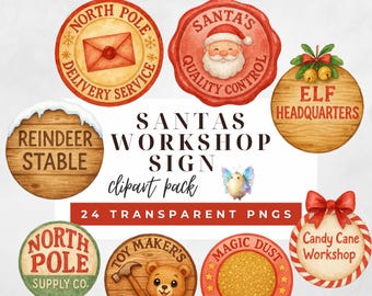 Imágenes prediseñadas del taller de Papá Noel, descarga digital PNG navideña, letreros navideños para manualidades y decoración, etiquetas del Polo Norte, sellos navideños en acuarela.