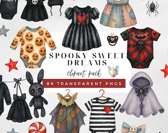 Halloween Clothes Line Clipart, Watercolor Clothesline Clip Art, Baby Shower Clipart, Gothic Baby Graphics, Cute Spooky, Nursery Clipart