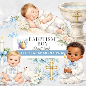 May include: Watercolor clipart pack with baptism-themed illustrations. The image includes sleeping babies, doves, candles, crosses, and floral arrangements in soft pastel colours. Text reads "Baptism Boy Clipart Pack 104 Transparent PNGs."