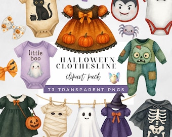 Halloween Clothes Line Clipart, Watercolor Clothesline Clip Art, Baby Shower Clipart, 1st Halloween Graphics, Cute Spooky, Nursery Clipart