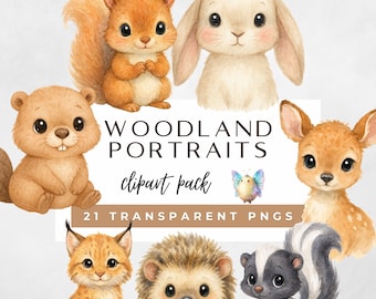 Cute Animals Clipart, Baby Animals, Baby Shower Clipart, Woodland Nursery, Boho Forest Animals, Watercolor Woodland Portraits Clipart