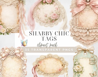 Shabby Chic Tags Clipart, Vintage Lace Floral Labels PNG, Junk Journal Tags, Romantic Gift Tags, Scrapbooking Ephemera, Printable Tag Set