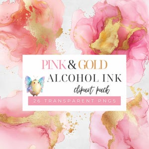 May include: Pink and gold alcohol ink clipart pack with 26 transparent PNGs. The design features pink and gold abstract watercolor elements. A small cartoon butterfly is also included in the design.