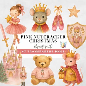 Op de afbeelding: Watercolor clipart pack met een roze Nutcracker Christmas thema. Bevat illustraties van een ballerina, muizen met kronen, een teddybeer, een kasteel, een schild, een ster, balletschoenen, een fee, een zwaard en een notenkrakersoldaat. De tekst luidt "PINK NUTCRACKER CHRISTMAS clipart pack 47 TRANSPARENT PNGS."