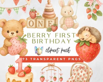 Premier anniversaire de petits fruits, png transparents, clipart fraise, petits fruits sucrés, baby shower png, petits fruits, doux, clipart aquarelle