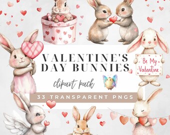 Clipart de conejito de San Valentín, lindos conejitos de acuarela, animales con corazones de amor, gráficos de San Valentín para tarjetas, pegatinas y álbumes de recortes.