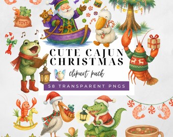 Cajun Christmas Clipart, Watercolor Cajun Santa and Alligator Clip Art, Traditional Louisiana & Southern Food, Cute Cajun Christmas Clipart