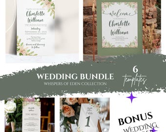 Wedding Invitation Template Canva Printable | 6-Piece Sage Green Editable Starter Set, DIY Floral, Instant Download
