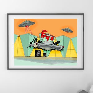 May include: A digital illustration of a futuristic building with the words "Electronics" and "Fry's" on the front. A flying saucer has crashed into the building, and two other flying saucers are in the sky. The building is painted in shades of yellow, green, and blue.
