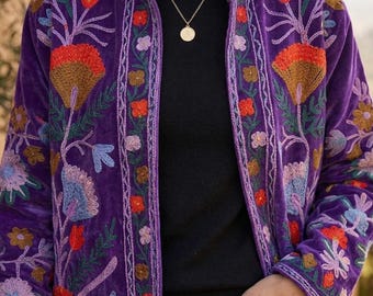 Handmade Velvet Suzani Jacket – Embroidered Boho Floral Ethnic Coat