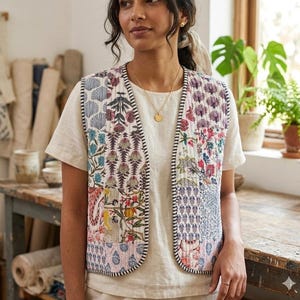 Indian Handmade patchwork Vintage Quilted Jacket Coats ,New Style, Boho, Cotton Jacket Short White Leaf Black Stripe Piping