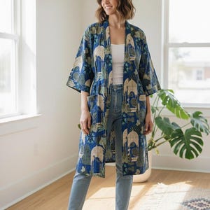 Katoenen kimonobadjas handblokprint, boho lichtgewicht strandkleed, natuurlijke kleurstoffen, lange kimono, dameskimono, huisgewaad, kimonopatroon