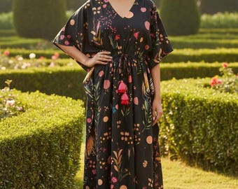 Hand Block Printed Floral Cotton Kaftan for Women, Bohemian Loungewear, Beach Cover Up, Plus Size, Relaxed Fit, Ethically Made Summer Dress