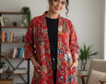 Floral Cotton Kimono Robe with Belt, Boho Lightweight Kimono, Short Cotton Robe, Bridesmaid Robe, Beach Cover Up