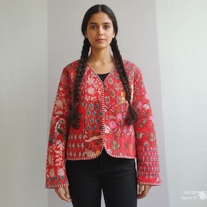 Soul vintage : veste tendance rouge en patchwork à imprimés multiples