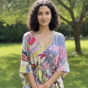 Kaftano in cotone a fantasia floreale per donna / Abito lungo taglie forti, copricostume boho da spiaggia, tunica indiana stampata a mano, abbigliamento da resort, abito per il relax e le vacanze