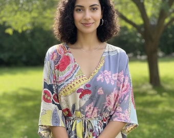 Floral Cotton Kaftan for Women | Plus Size Maxi Dress, Boho Beach Cover-Up, Indian Hand-Printed Tunic, Resort Wear, Lounge & Holiday Dress