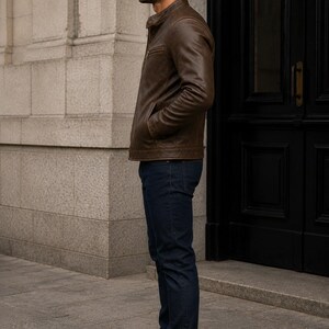 Men's Brown Cowhide Leather Jacket, Vintage Cafe Racer Jacket, Genuine Leather Motorcycle Jacket, Handmade Biker Coat image 3