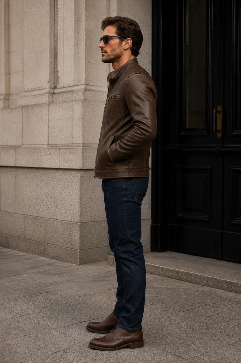 Men's Brown Cowhide Leather Jacket, Vintage Cafe Racer Jacket, Genuine Leather Motorcycle Jacket, Handmade Biker Coat image 3