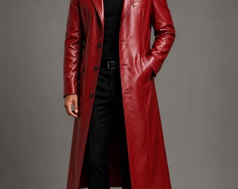 Men's Red Genuine Cowhide Leather Long Coat | Handmade Leather Trench Coat | Luxury Full Length Button Closure Overcoat