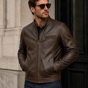 Men's Brown Cowhide Leather Jacket, Vintage Cafe Racer Jacket, Genuine Leather Motorcycle Jacket, Handmade Biker Coat image 1