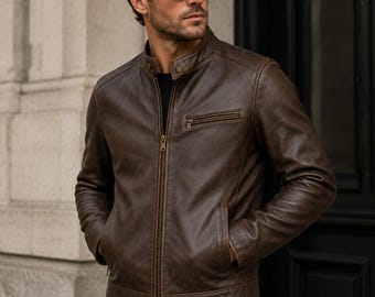 Men's Brown Cowhide Leather Jacket, Vintage Cafe Racer Jacket, Genuine Leather Motorcycle Jacket, Handmade Biker Coat