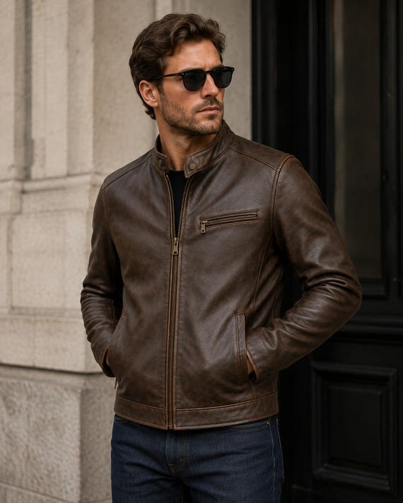 Men's Brown Cowhide Leather Jacket, Vintage Cafe Racer Jacket, Genuine Leather Motorcycle Jacket, Handmade Biker Coat