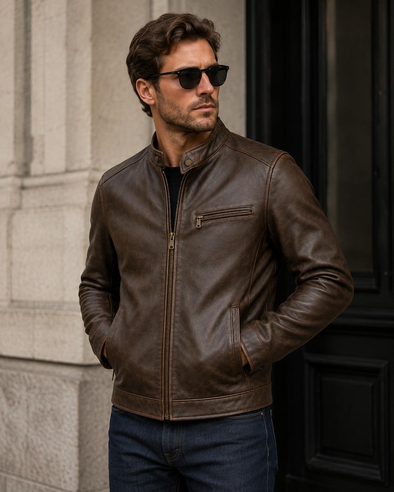 Men's Brown Cowhide Leather Jacket, Vintage Cafe Racer Jacket, Genuine Leather Motorcycle Jacket, Handmade Biker Coat image 1