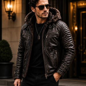 Men's Genuine Cowhide Leather Fur Hooded Jacket, Winter Biker Leather Jacket, Cafe racer leather jacket