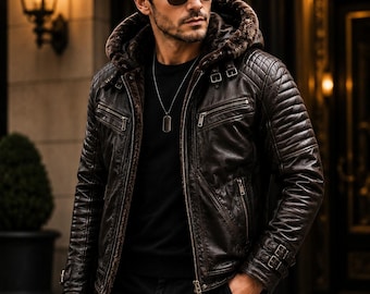 Men's Genuine Cowhide Leather Fur Hooded Jacket, Winter Biker Leather Jacket, Cafe racer leather jacket