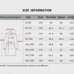 Op de afbeelding: Een maatinformatiekaart voor een dubbelrijige jas, met een lijntekening van het kledingstuk met labels voor schouder, buste, mouw en lengte. Een tabel toont maten van S/165 tot 5XL/190 met bijbehorende afmetingen in centimeters.