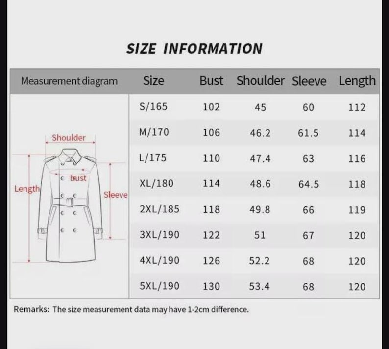 Op de afbeelding: Een maatinformatiekaart voor een dubbelrijige jas, met een lijntekening van het kledingstuk met labels voor schouder, buste, mouw en lengte. Een tabel toont maten van S/165 tot 5XL/190 met bijbehorende afmetingen in centimeters.