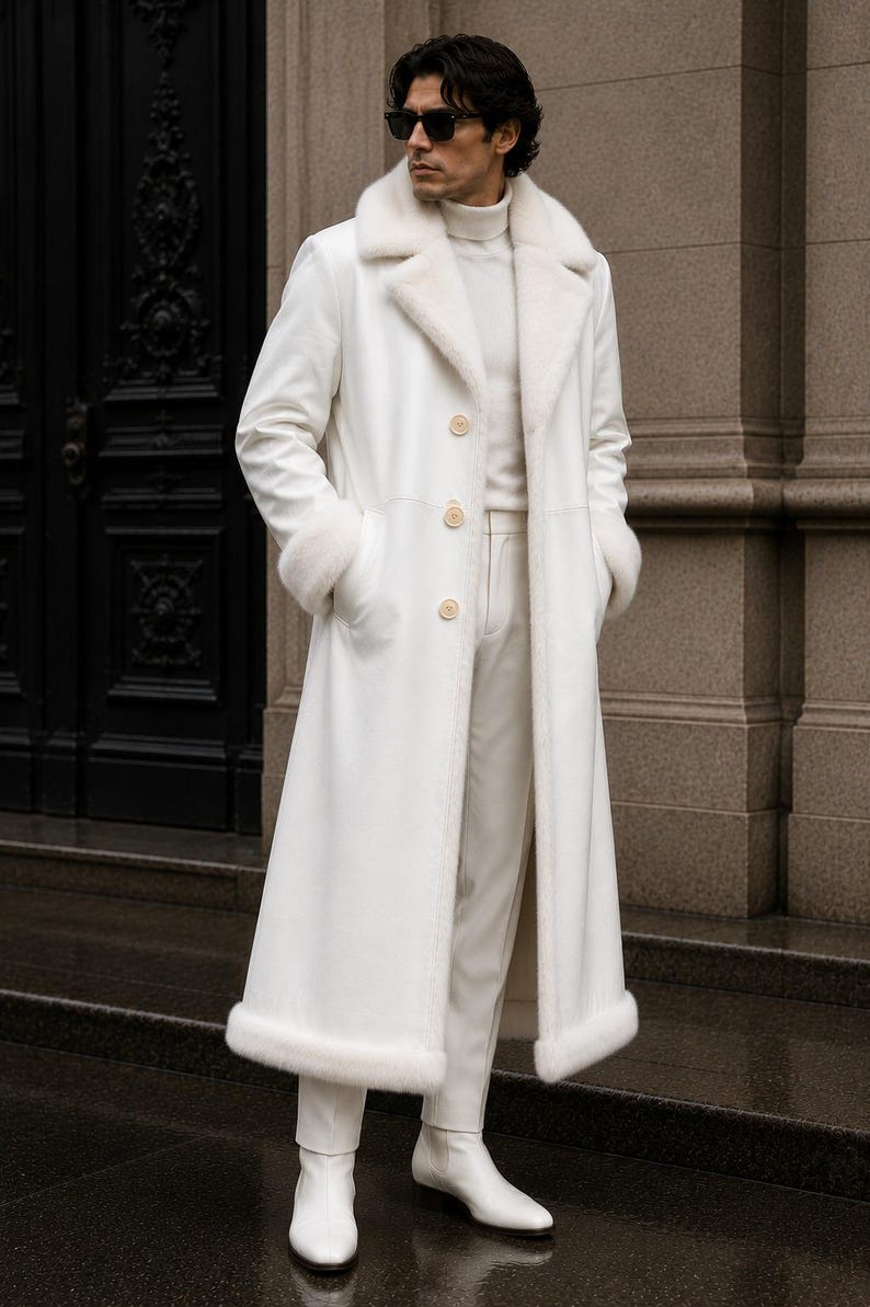 Puede incluir: Un abrigo largo blanco con cuello y pu&ntilde;os de piel sint&eacute;tica. El abrigo est&aacute; abotonado y se lleva con pantalones y botas blancos a juego. La persona lleva gafas de sol y un cuello alto blanco.