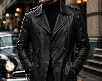 Men's Black Sheepskin Leather Peacoat | Double Breasted Leather Coat | Vintage Leather Trench Jacket | Classic Winter Overcoat