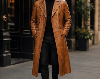 Men's Tan Leather Long Coat | Double Breasted Genuine Leather Trench Coat | Vintage Leather Overcoat | Classic Winter Coat