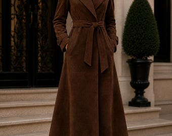 Women's Dark Brown Suede Leather Trench Coat | Long Belted Leather Coat | Maxi Double Breasted Overcoat | Custom Handmade Coat