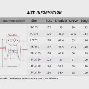 Puede incluir: Tabla de informaci&oacute;n de tallas para un abrigo, con medidas de busto, hombro, manga y largo en cent&iacute;metros. Tallas de S/165 a 5XL/190. Un diagrama ilustra los puntos de medici&oacute;n. El texto "SIZE INFORMATION" est&aacute; en la parte superior.