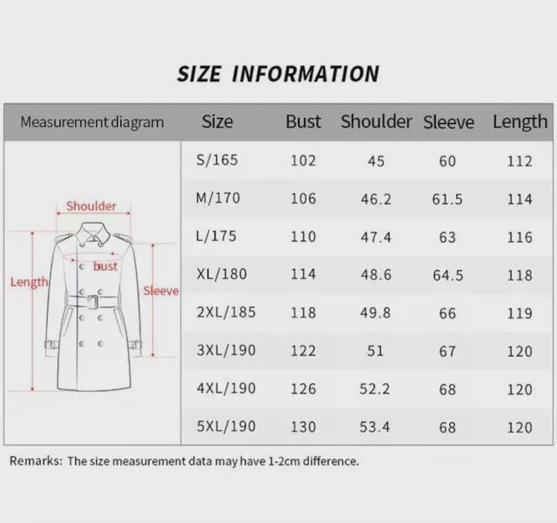 Puede incluir: Tabla de informaci&oacute;n de tallas para un abrigo, con medidas de busto, hombro, manga y largo en cent&iacute;metros. Tallas de S/165 a 5XL/190. Un diagrama ilustra los puntos de medici&oacute;n. El texto "SIZE INFORMATION" est&aacute; en la parte superior.