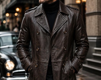 Men's Dark Brown Sheepskin Leather Peacoat | Double Breasted Leather Coat | Vintage Leather Trench Jacket | Classic Winter Overcoat