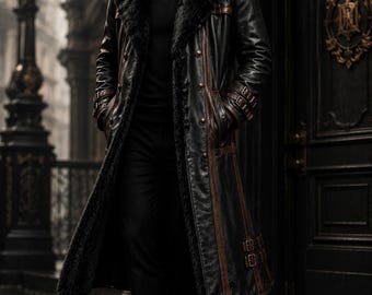 Men's Black Cowhide Leather Fur Coat, Brown Wax Trim Long Trench Coat, Gothic Winter Overcoat, Luxury Buckle Leather Coat