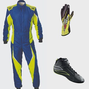 May include: A blue and yellow racing suit, gloves, and shoes. The suit has yellow accents and the word "OMP" on the shoulders. The gloves are black and yellow with "KS-3" printed on them. The shoes are black with a white stripe.
