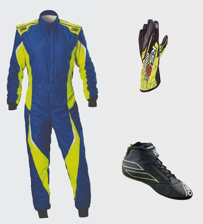 May include: A blue and yellow racing suit, gloves, and shoes. The suit has yellow accents and the word "OMP" on the shoulders. The gloves are black and yellow with "KS-3" printed on them. The shoes are black with a white stripe.