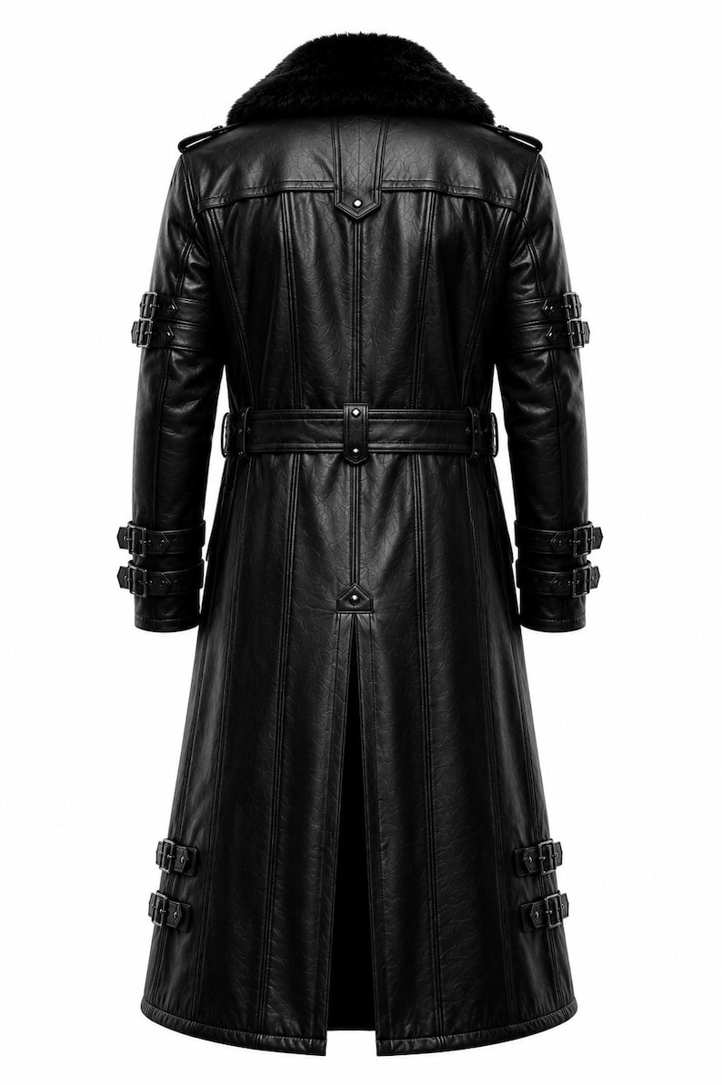 Lange zwarte leren herenjas met bontvoering, trenchcoat van echt rundleer, leren winterjas, gotische leren jas voor mannen afbeelding 2