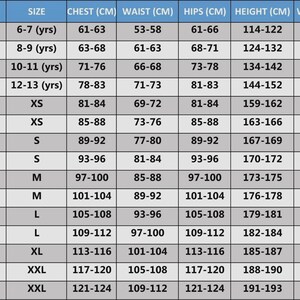 May include: A size chart with measurements in centimeters and kilograms. The chart includes sizes from 120 to 62, with corresponding chest, waist, hips, height, and weight measurements. Sizes range from 6-7 years to XXL.