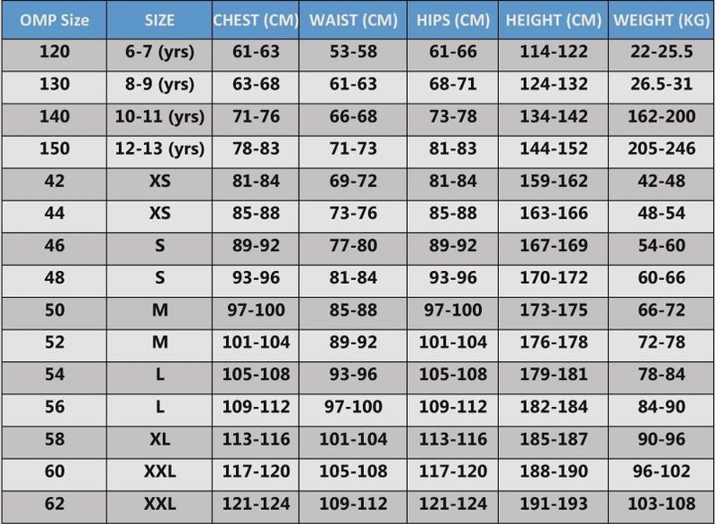 May include: A size chart with measurements in centimeters and kilograms. The chart includes sizes from 120 to 62, with corresponding chest, waist, hips, height, and weight measurements. Sizes range from 6-7 years to XXL.