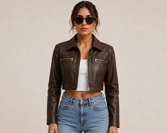 レディース ブラウン クロップド レザー ジャケット | ヴィンテージ カフェレーサー レザー ジャケット | スリムフィット モーターサイクル ジャケット | ハンドメイド 本革バイカー コート