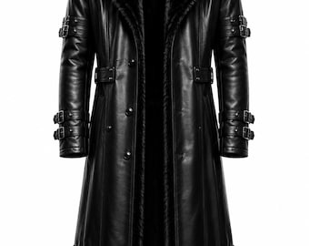Men's Black Leather Long Coat Fur Lined, Genuine Cowhide Trench Coat, Winter Leather Overcoat, Gothic Leather Coat for Men