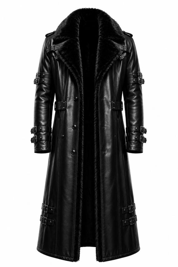 Men's Black Leather Long Coat Fur Lined, Genuine Cowhide Trench Coat, Winter Leather Overcoat, Gothic Leather Coat for Men