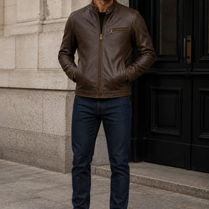 Men's Brown Cowhide Leather Jacket, Vintage Cafe Racer Jacket, Genuine Leather Motorcycle Jacket, Handmade Biker Coat image 2