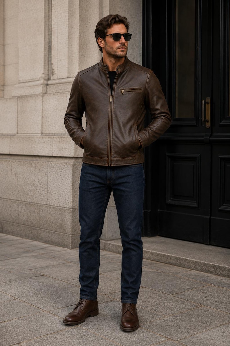 Men's Brown Cowhide Leather Jacket, Vintage Cafe Racer Jacket, Genuine Leather Motorcycle Jacket, Handmade Biker Coat image 2